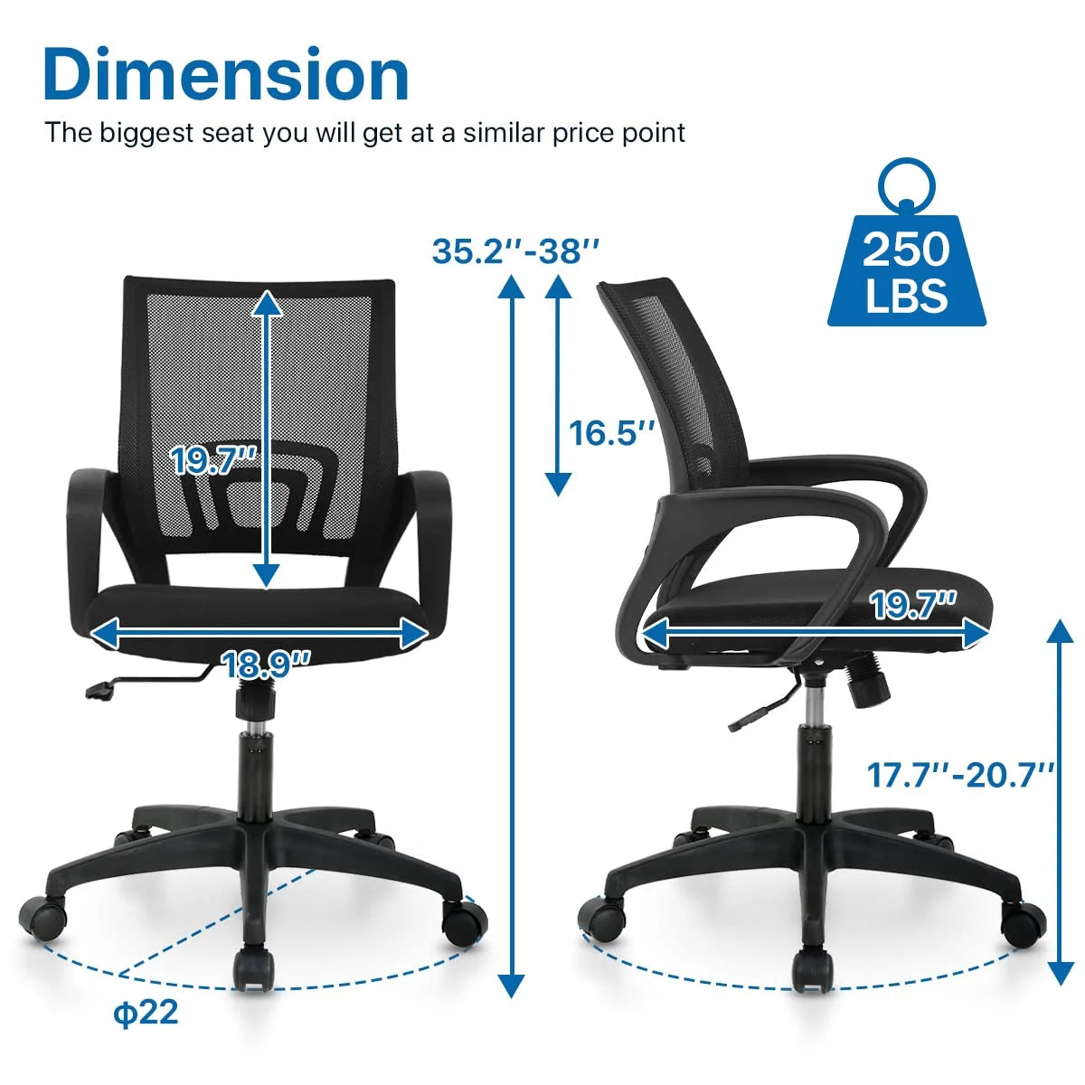Mesh Office Chair, Mid-Back Home Office Chair Adjustable Ergonomic Desk Chair with Armrest, Rolling Swivel Chair for Adults, Black